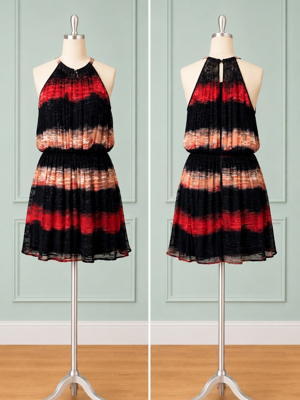 Alice + Olivia—Halter Mini Dress—6, Black, Red Ombre, Sheer Open Back, Overlay